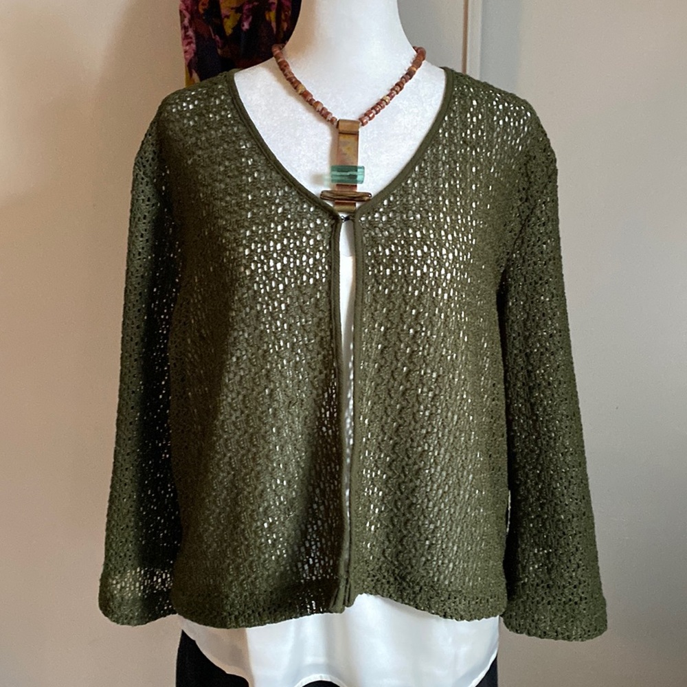 Norton Studios Women’s Open Knit Long Sleeve Olive Green Layering Summer Sweater